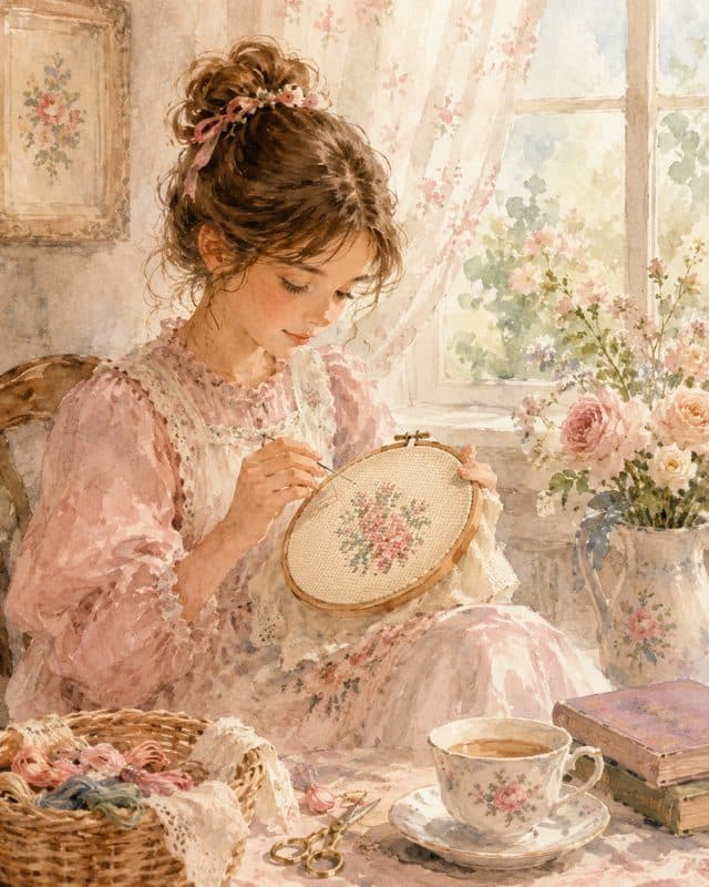 Illustration of a girl cross-stitching by a sunlit window